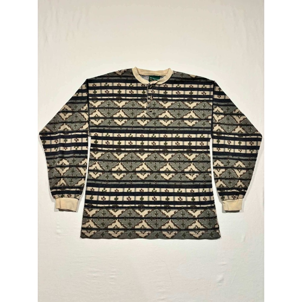 Vintage Di Vincent Henley Shirt XL Kids Geometric Waffle Knit Thermal Made in US